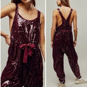 Free people size XS oversized Sequin Burgundy Jumpsuit